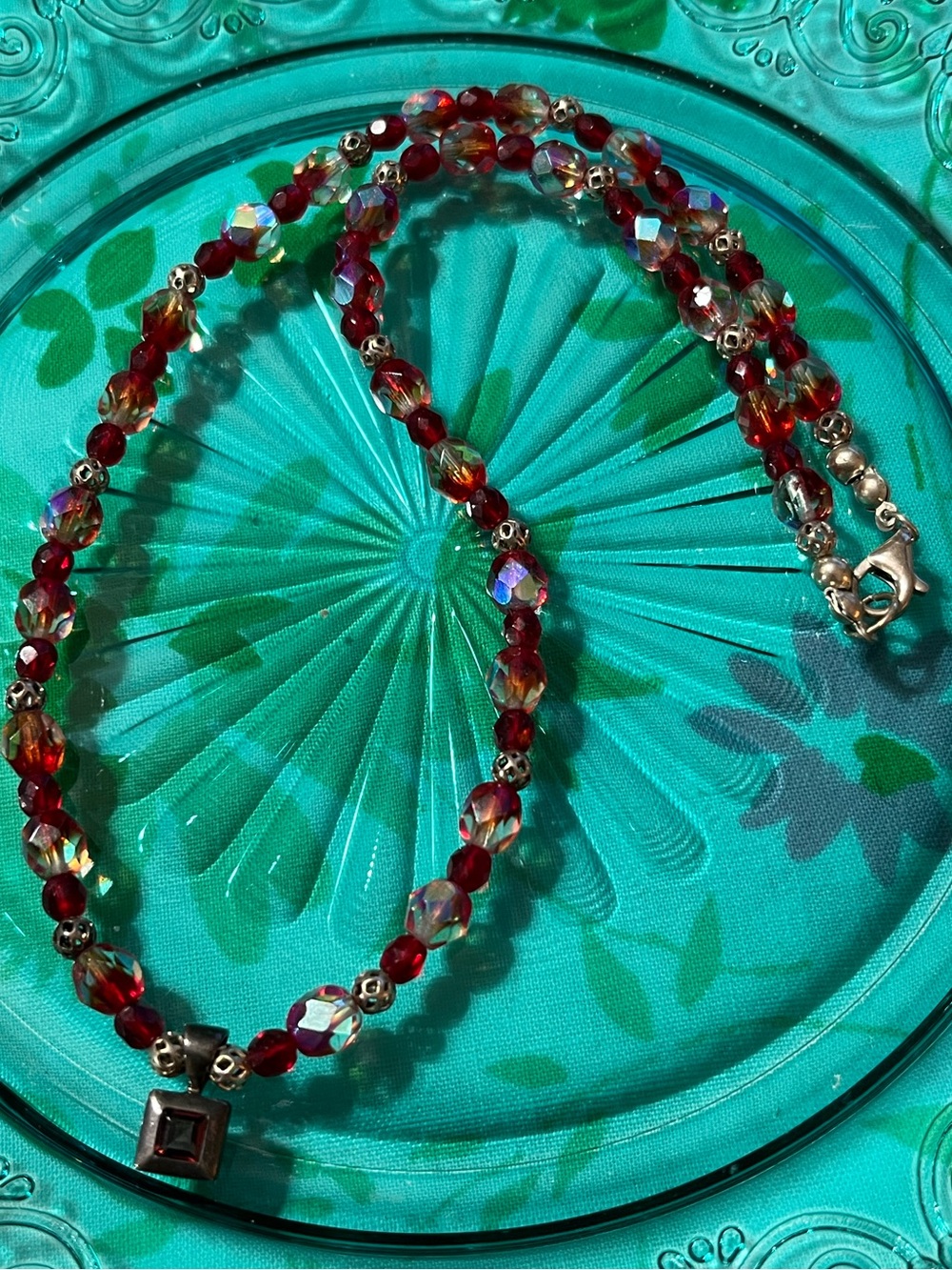 Vintage Sterling Silver 925 Red Crystal Beaded Necklace